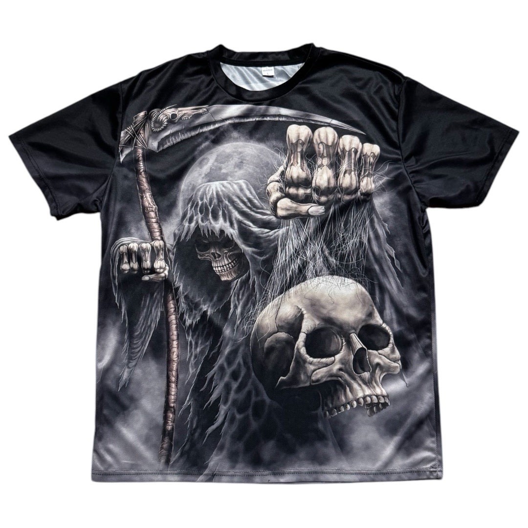 Y2k Mesh 'Love Hate' Aop Skull Grim Reaper Graphic Shirt Jersey
